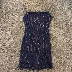 Windsor blue dress with sequin fringe